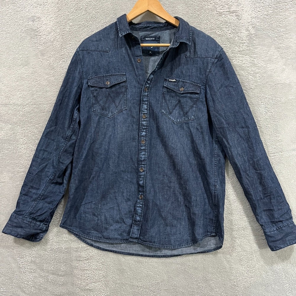Wrangler Shirt Mens Medium Blue Denim Regular Fit Long Sleeve Collared Button Up